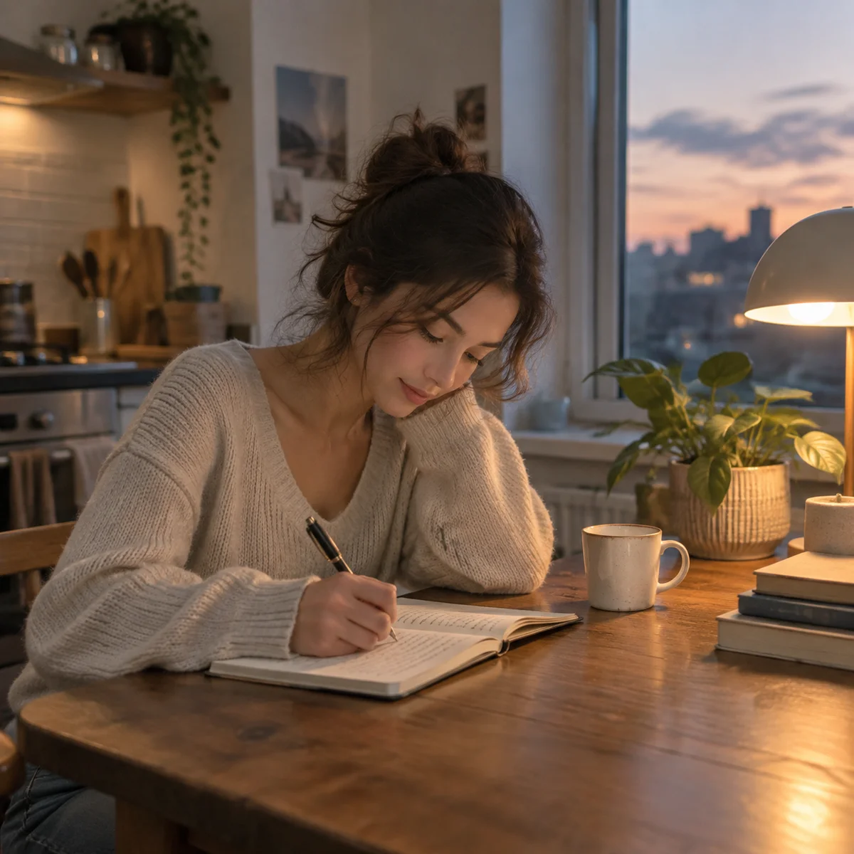 A person writing in a notebook at a kitchen table at dusk with a warm lamp