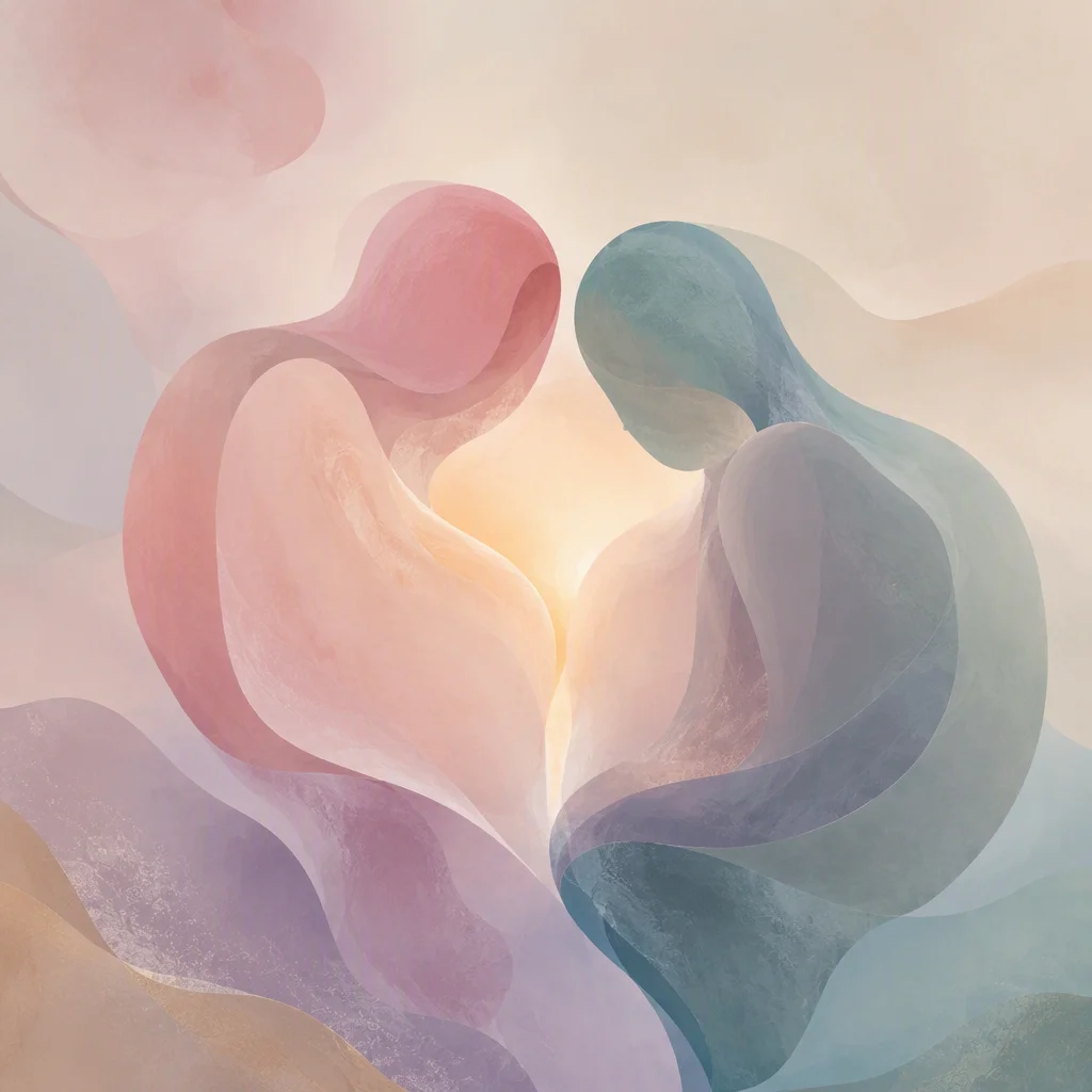 Soft abstract illustration of two forms leaning toward each other with a warm glow between them, representing emotional intimacy in non-monogamy