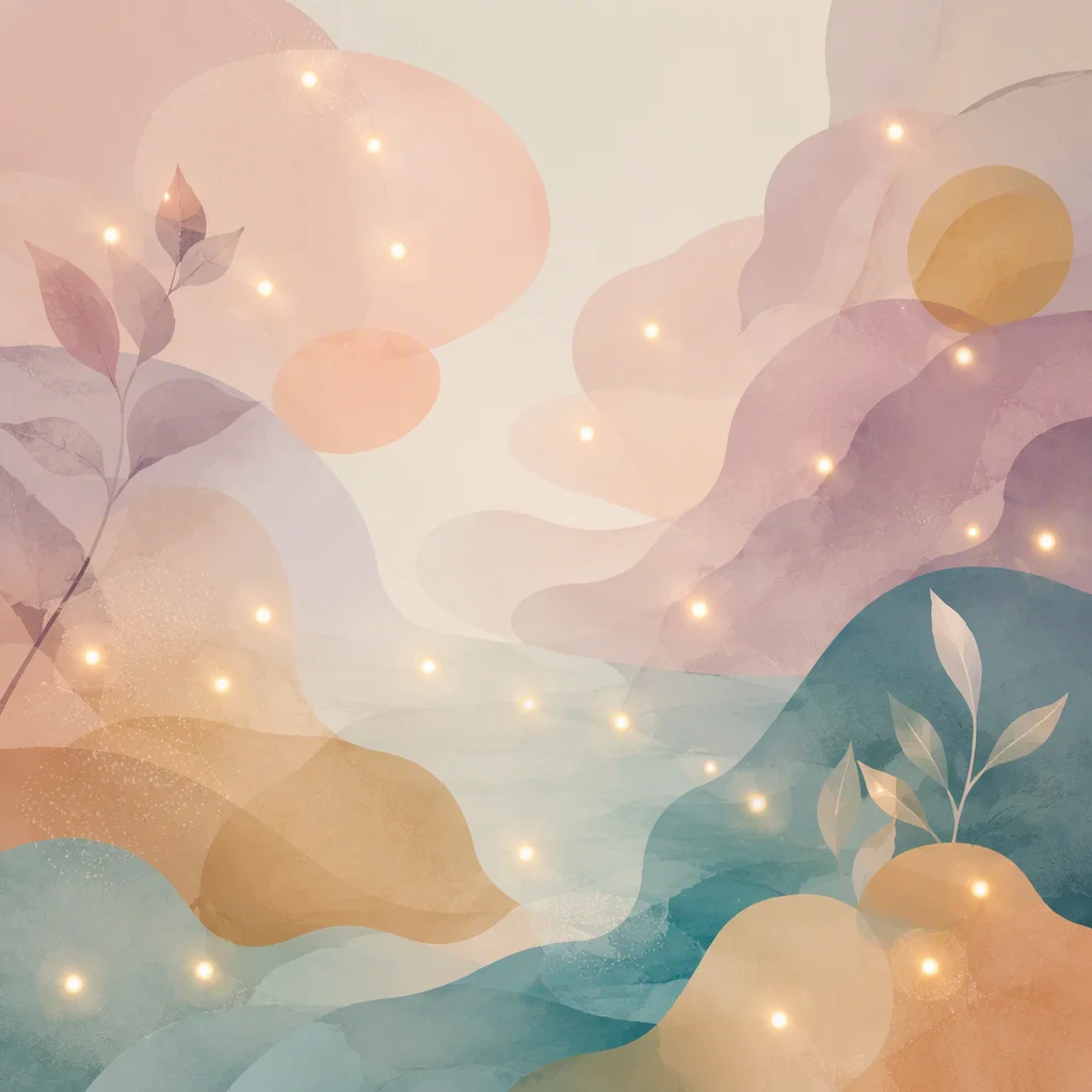 Soft abstract illustration of small glowing points arranged in a gentle rhythm across a pastel field, representing small repeated moments