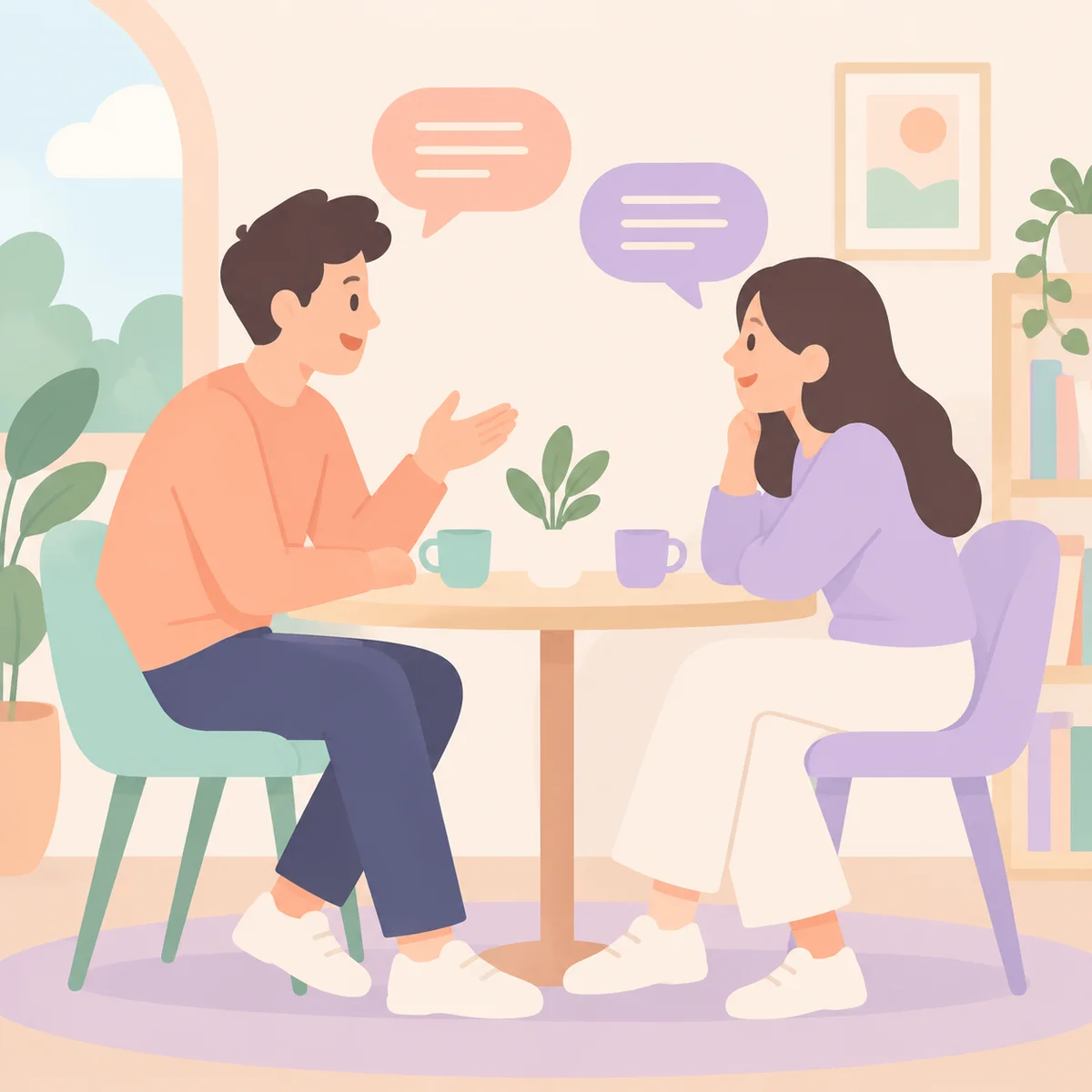 Flat vector illustration of two people having a calm conversation about enthusiastic consent