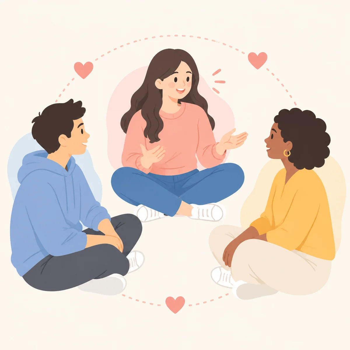 Flat vector illustration of three people talking in a circle