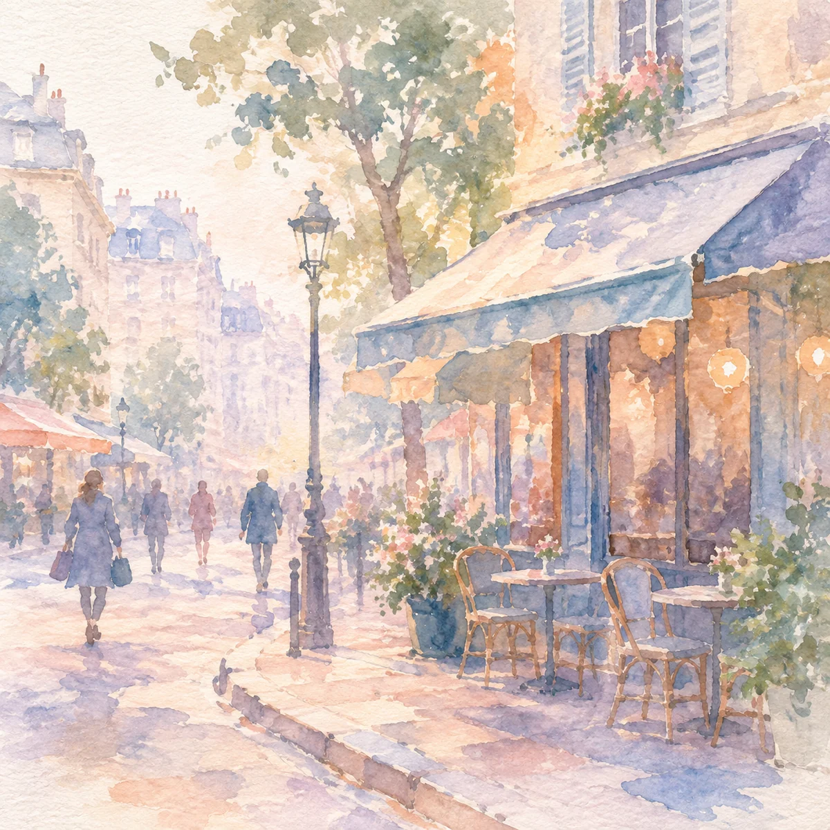 Soft watercolor painting about finding an ENM community in a new city: a quiet city street corner with a cafe awning and a few blurred passer-by silhouettes, warm peach and dusty blue washes, visible paper texture