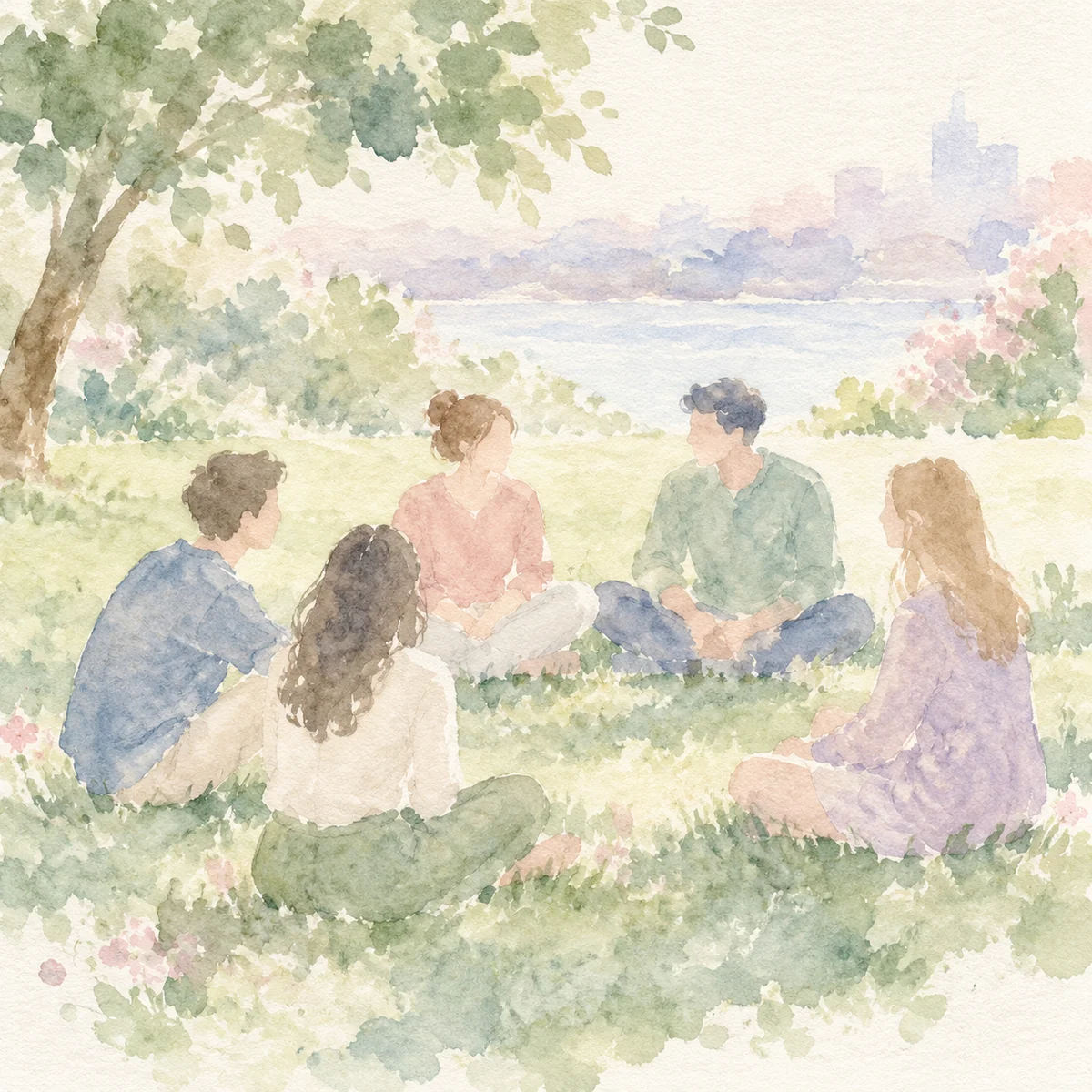 Loose watercolor illustration of a small group of abstract figures sitting in a circle on a park lawn rendered as soft colour washes without facial features, sage green and blush palette, paper grain