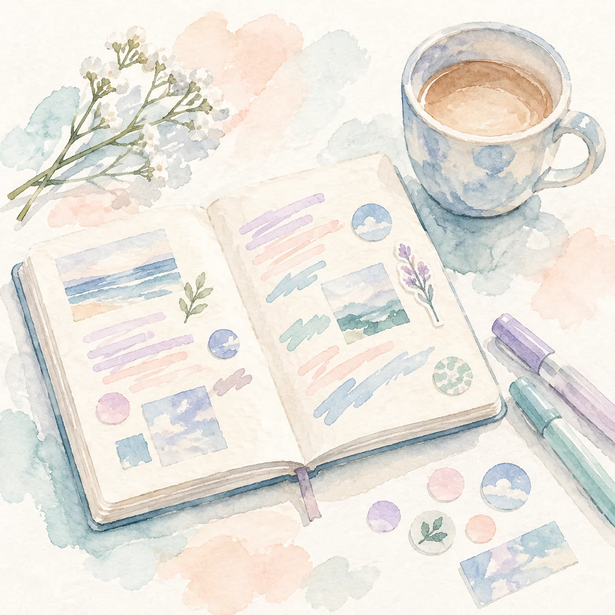Watercolor sketch of an open notebook with abstract marker strokes and small circular stickers beside a cup, soft peach and teal washes on white paper, gentle texture
