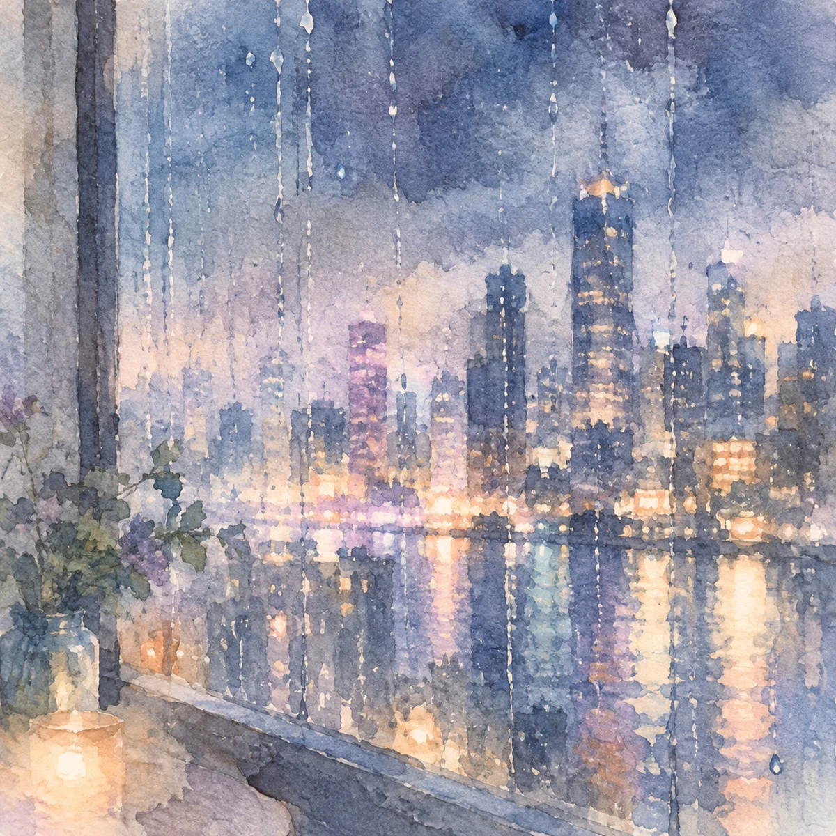 Soft watercolor scene of a night city skyline seen through rain-streaked window glass, muted indigo and warm amber washes, paper texture, abstract blurred shapes