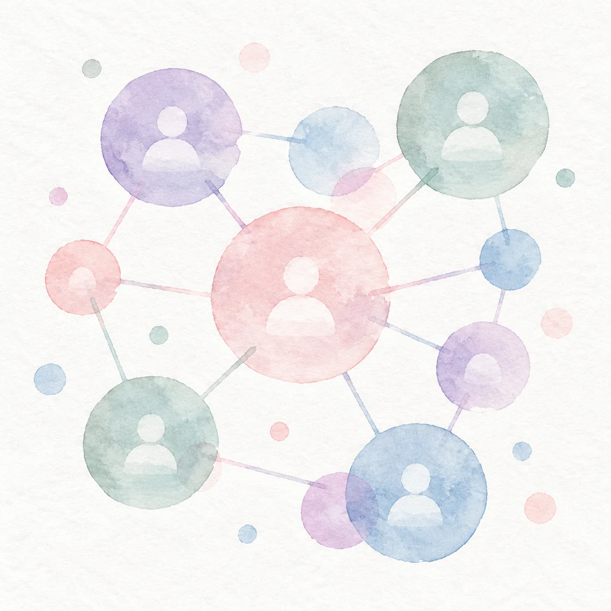Delicate watercolor illustration of overlapping translucent circles connected by thin lines like a social network diagram, in blush, lilac and seafoam on white paper, visible brush texture