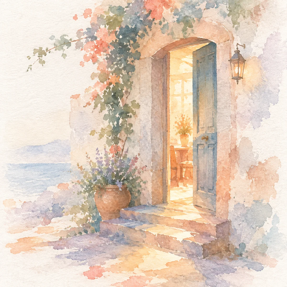 Watercolor painting of a doorway with warm light spilling onto a doorstep, soft coral and ochre washes, minimal abstract surroundings, paper texture