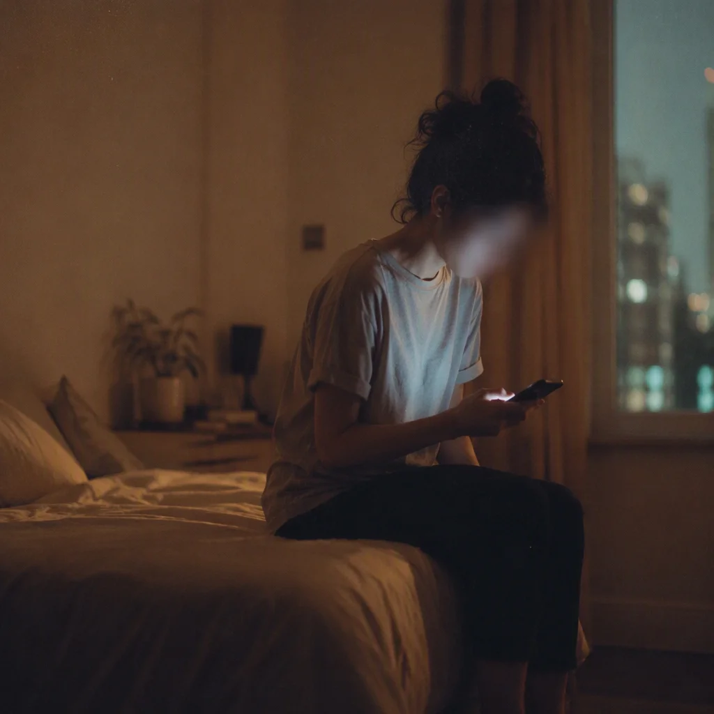 Person reading old messages alone at night to check their own memory