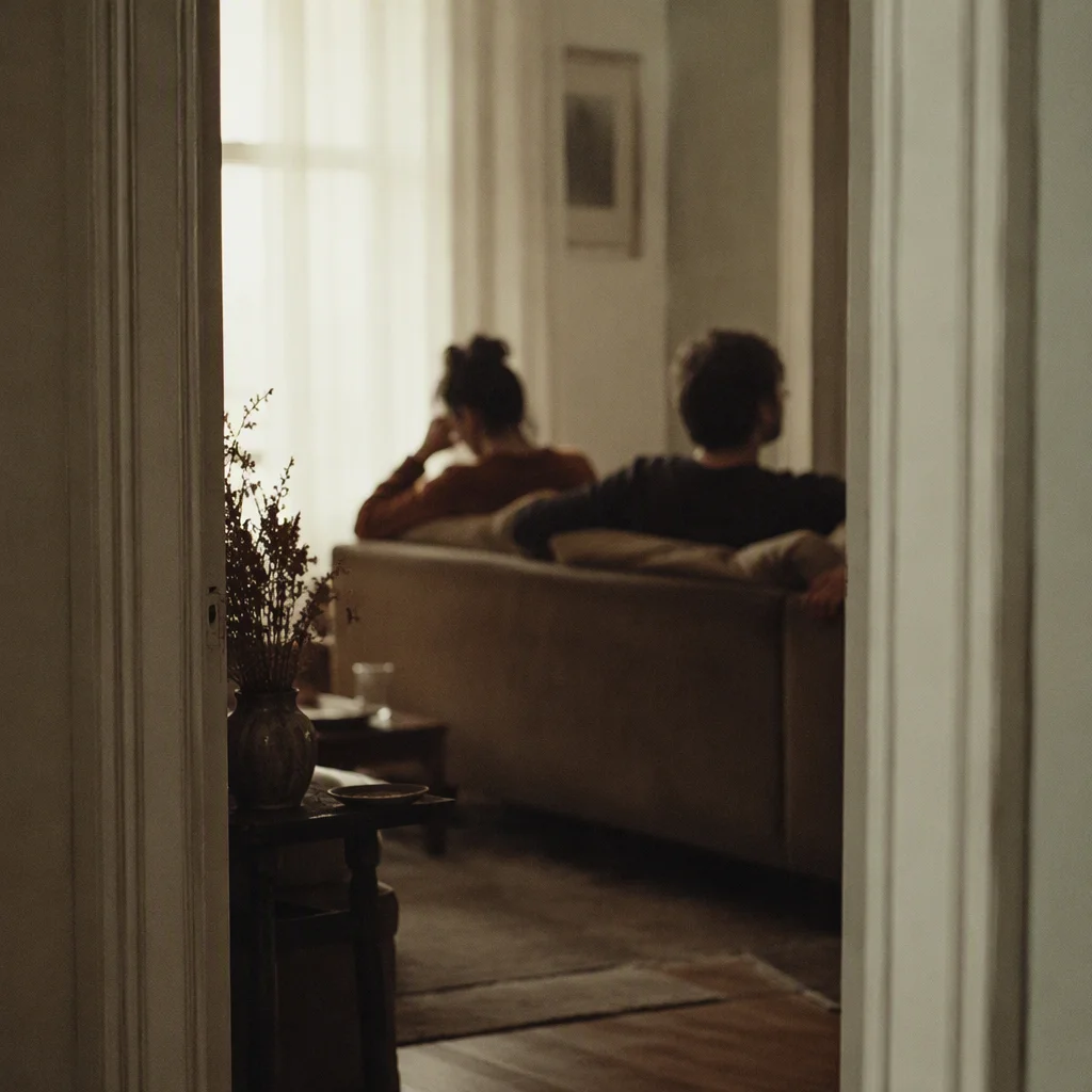 Two people on a sofa seen through a doorway, one turning away