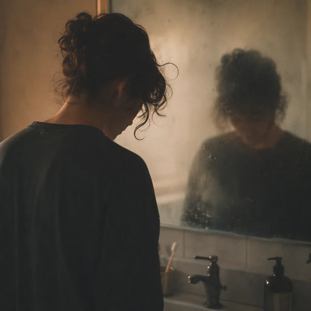 Person looking at their own reflection in a misted bathroom mirror