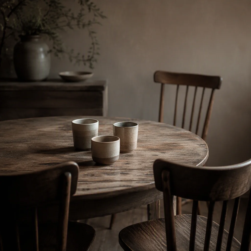 Three coffee cups on a table with one chair pushed back from the group