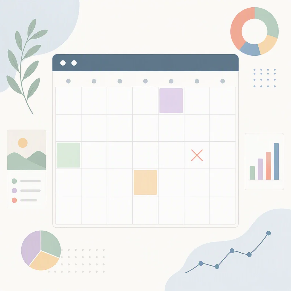 Flat illustration of a calendar page with three dates marked and one crossed through