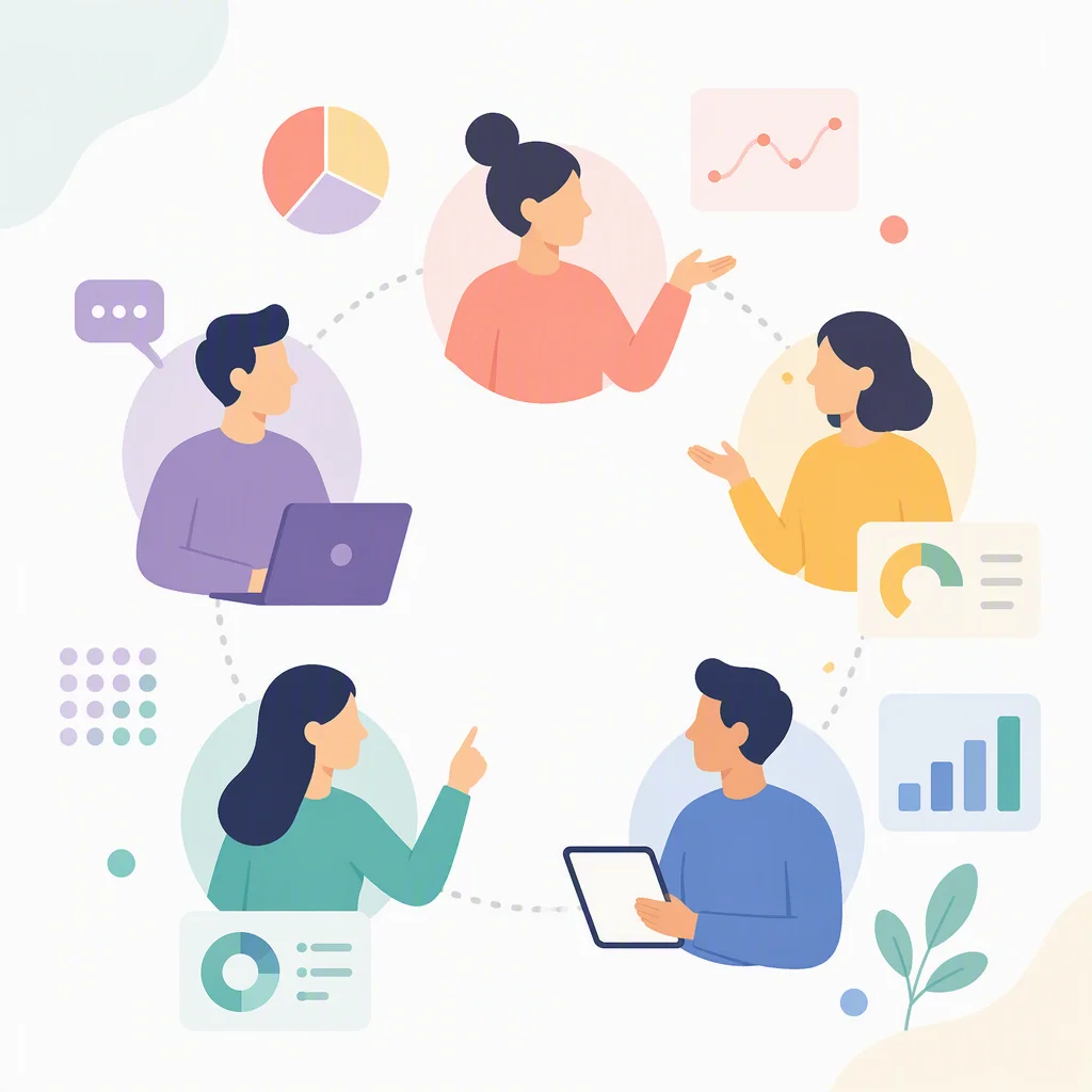 Flat illustration of a small group of abstract figures standing in a loose ring