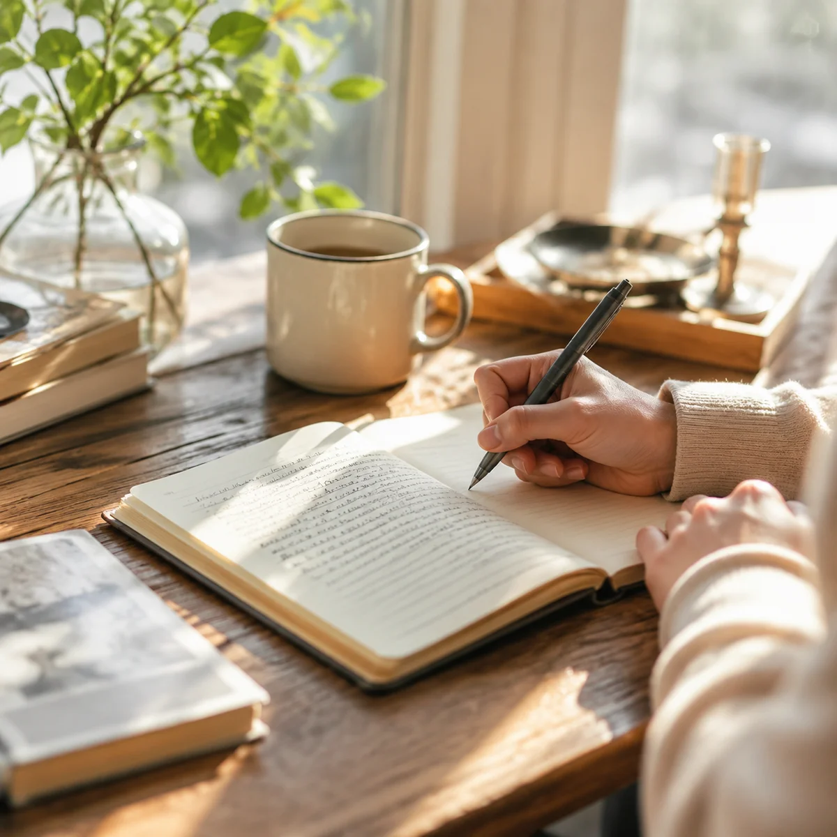 Hands writing in a journal at a sunlit desk representing the self-reflection before you advocate for yourself as a secondary partner