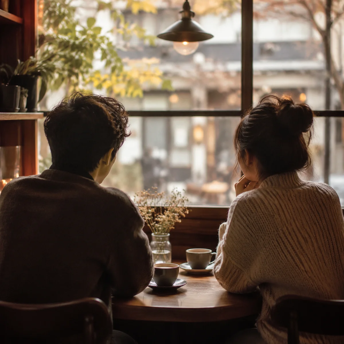 Two people talking over coffee at a cafe table representing a direct conversation
