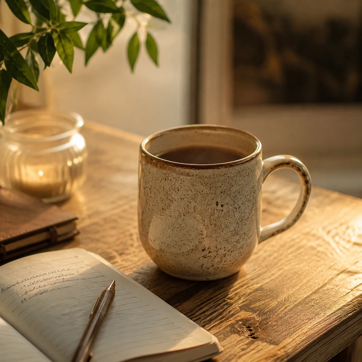 A mug and open notebook on a table representing preparation before a conversation
