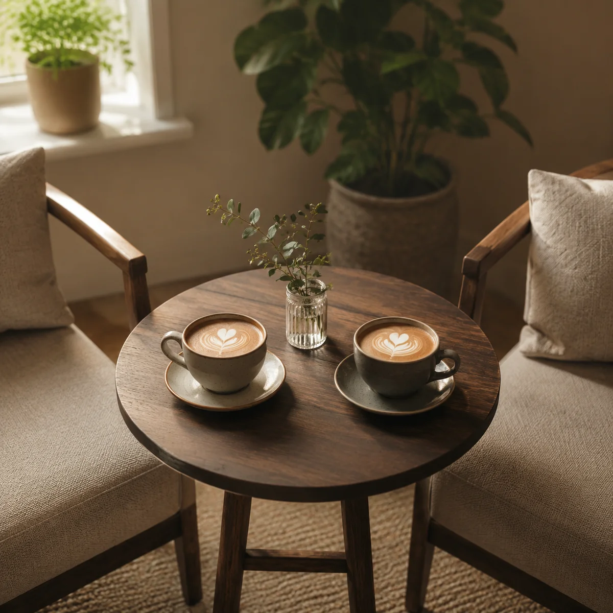 Two coffee cups between two chairs representing an equal partnership