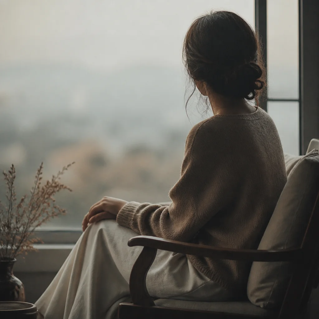 A person sitting thoughtfully by a window