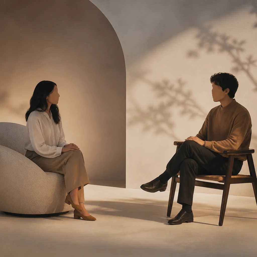 Two people facing each other with respectful distance