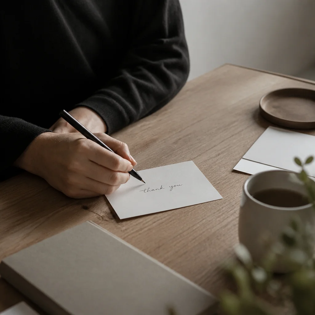 A person writing a note card at a desk