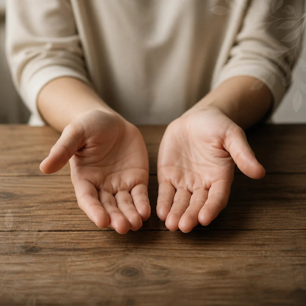 Open hands resting gently on a table