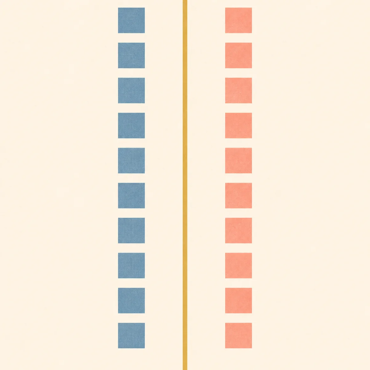 Two parallel columns of squares separated by a line showing boundaries in a hinge relationship