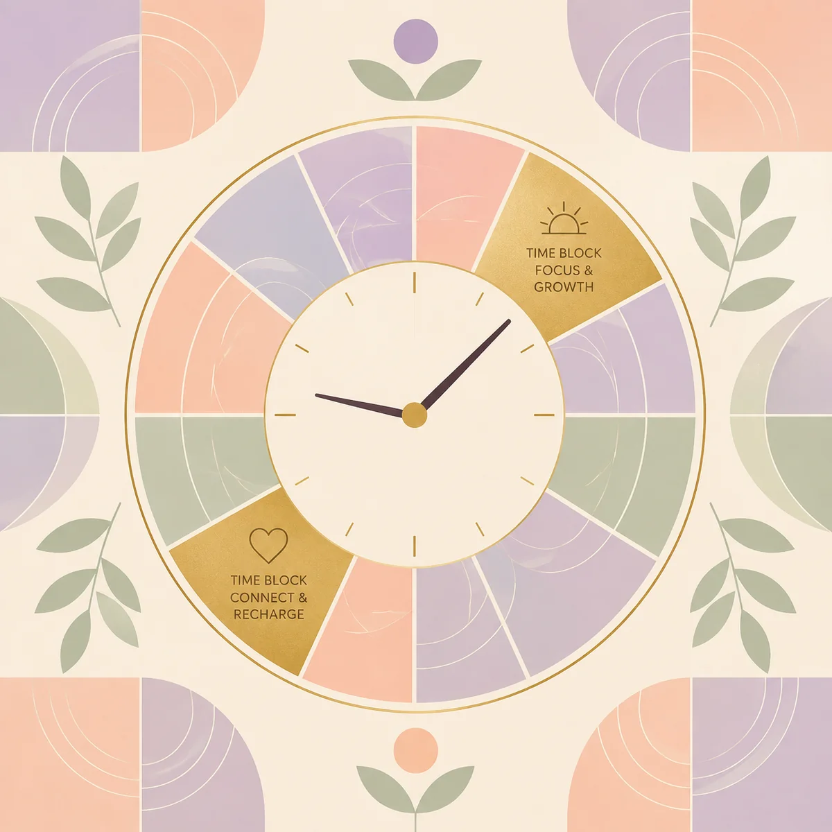 Stylized geometric clock face showing time and energy management for a hinge partner