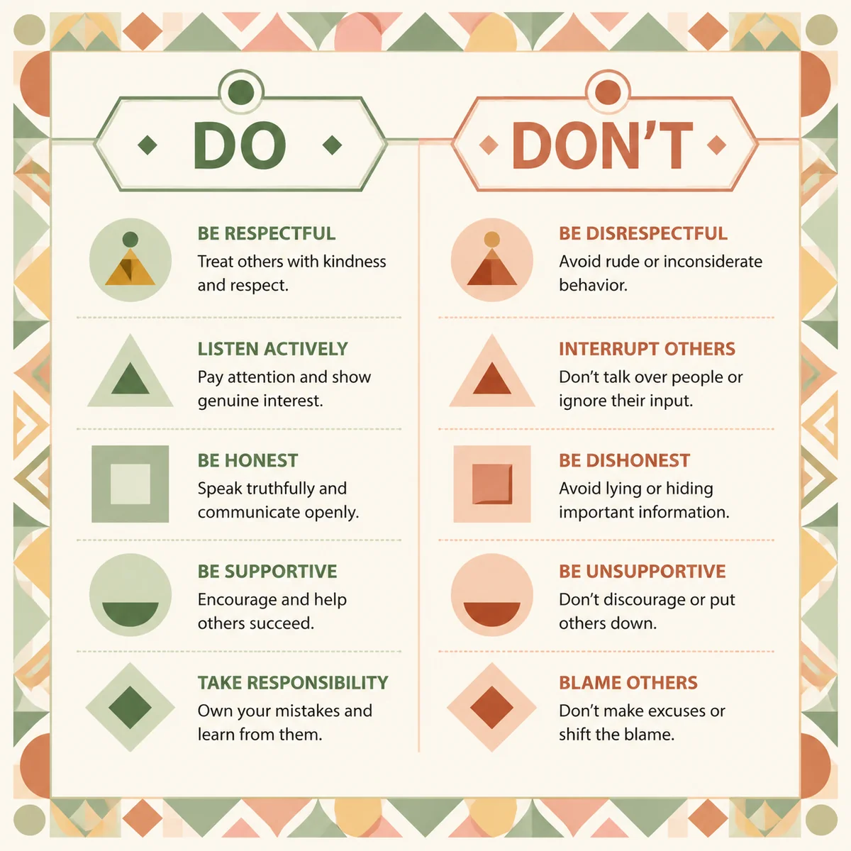 Two-column do and don't checklist in geometric pattern style for hinge partners