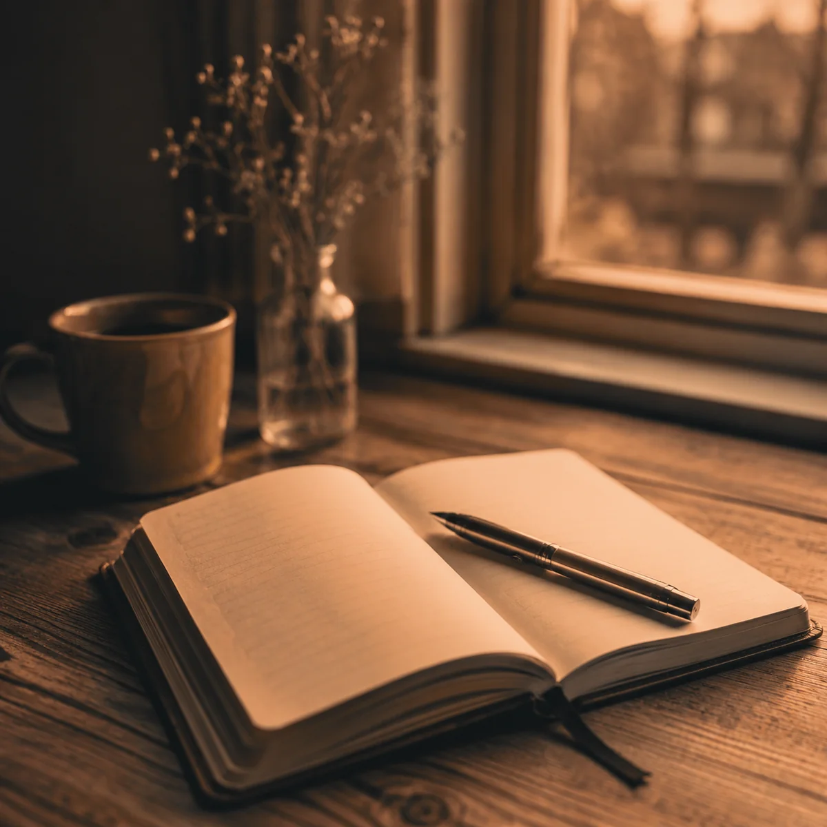 Open journal and pen on a table near a window