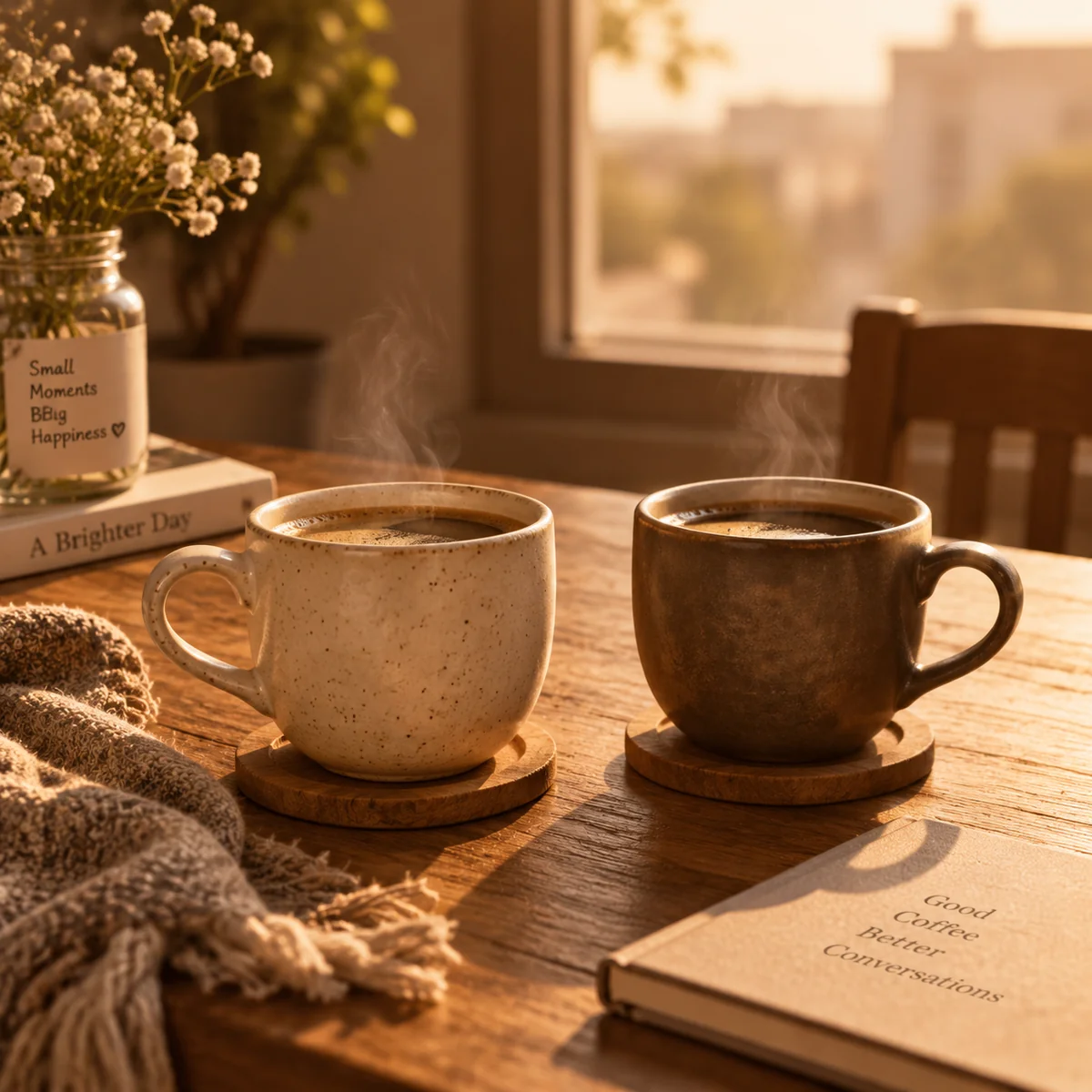 Two coffee cups on a table symbolizing a calm conversation
