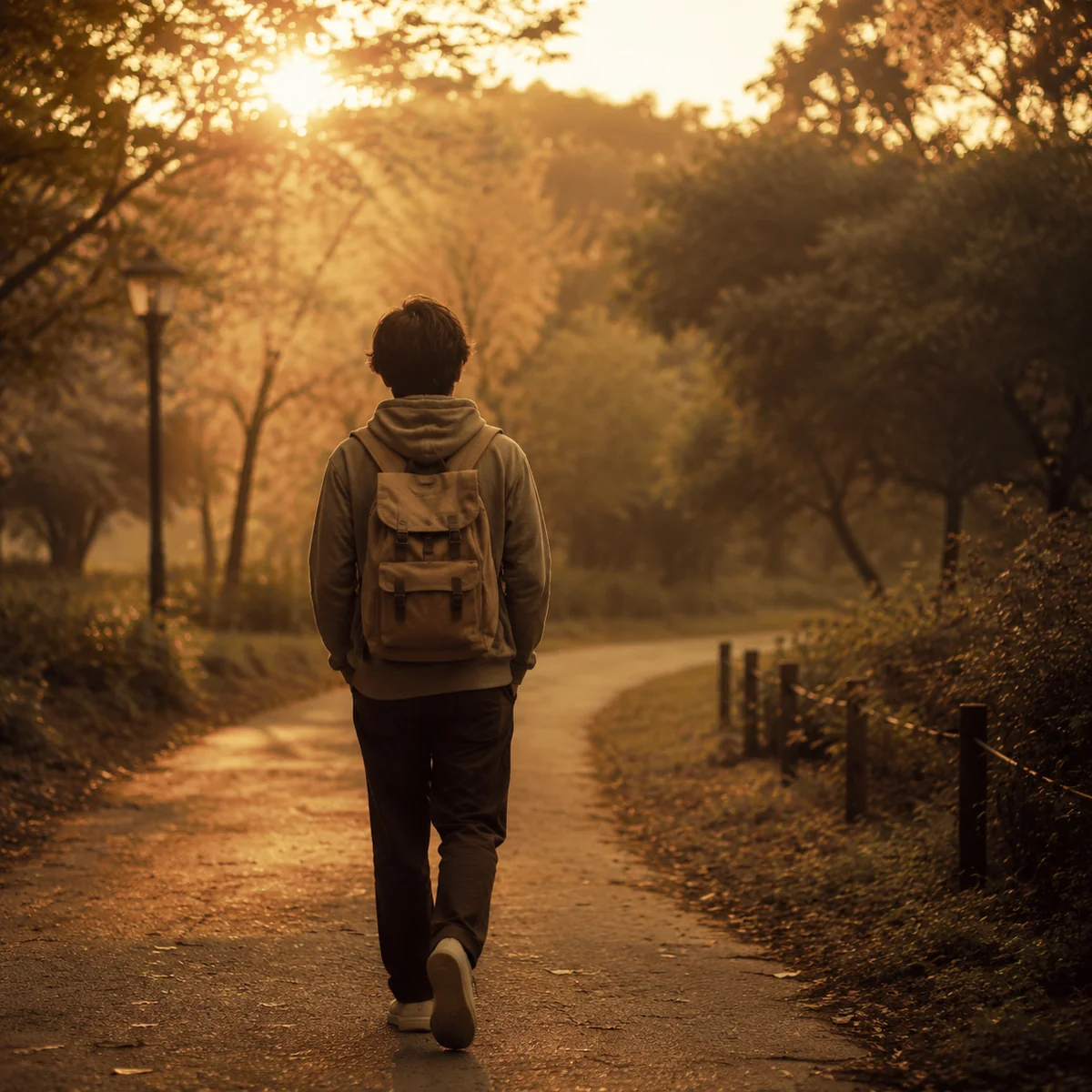 Person walking a tree-lined path symbolizing moving forward