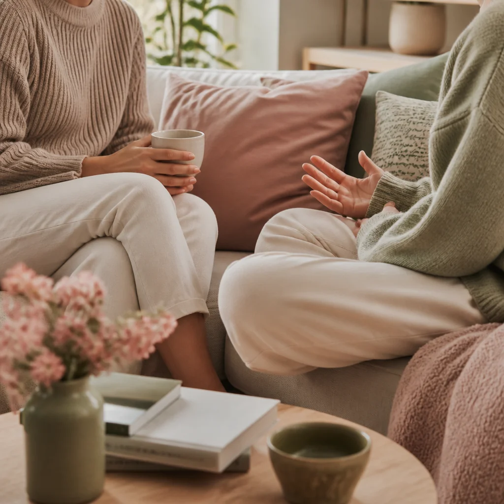 Two people repairing their connection after a conflict in non-monogamy, talking calmly together on a sofa in soft natural light
