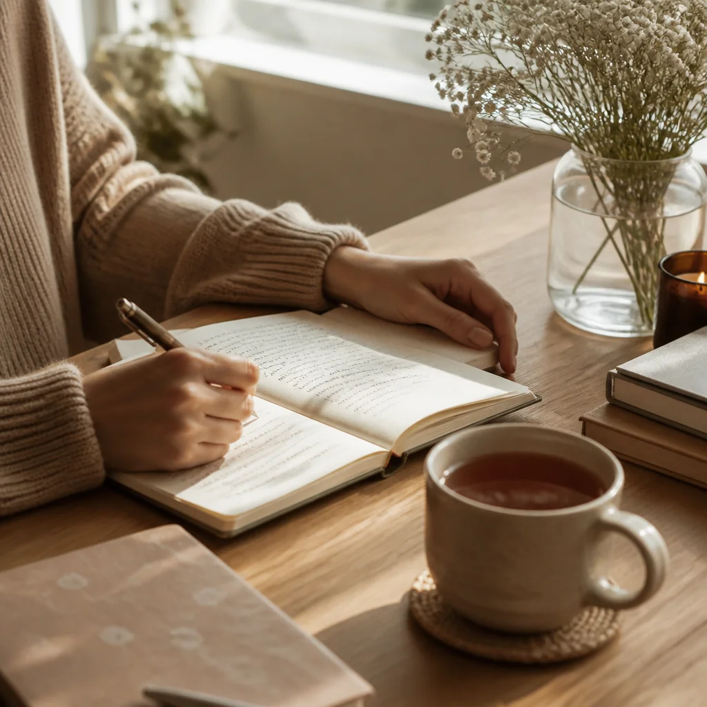 A person journaling at a table with a cup of tea
