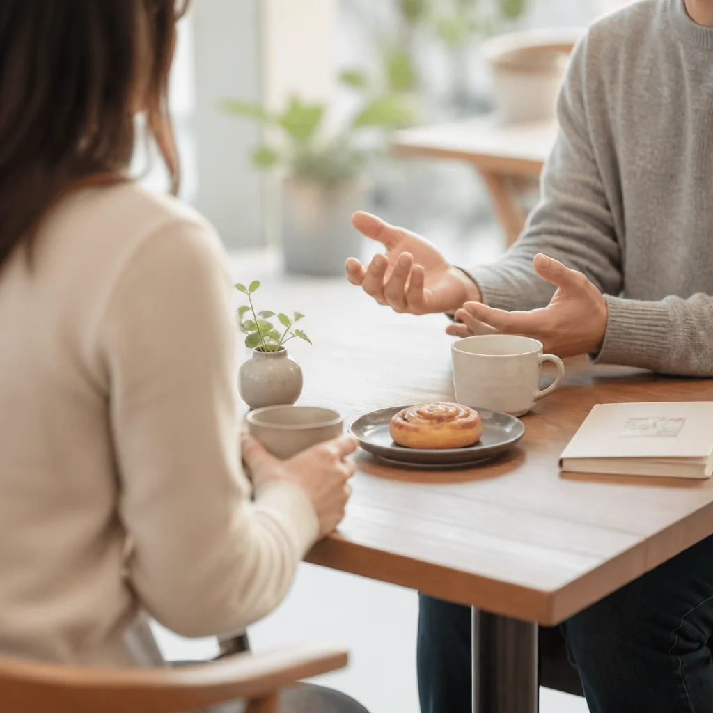 Two people talking across a cafe table in soft daylight