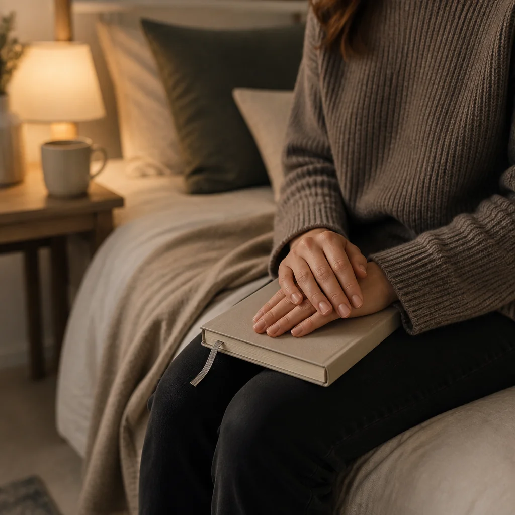 Hands resting on a closed notebook in soft warm light