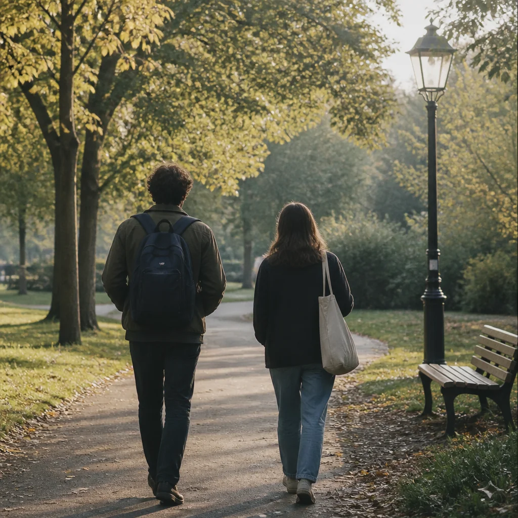 Two people walking side by side in a park
