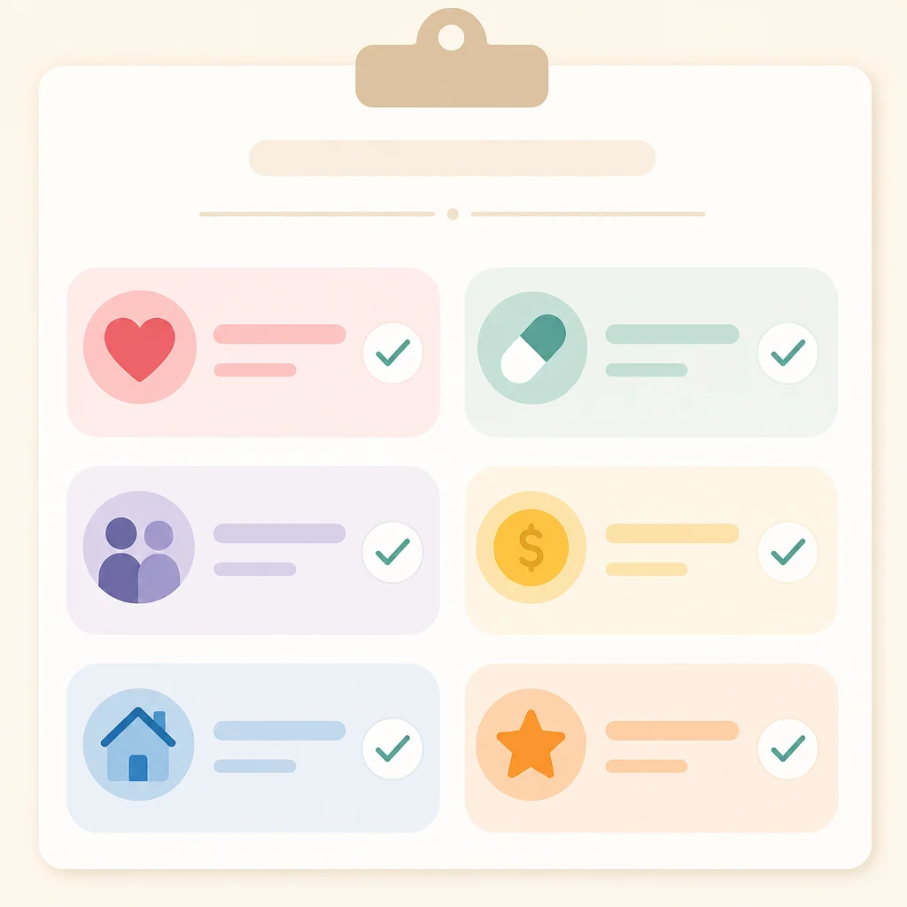 A RADAR agenda with topic icons like health, partners, money, and household