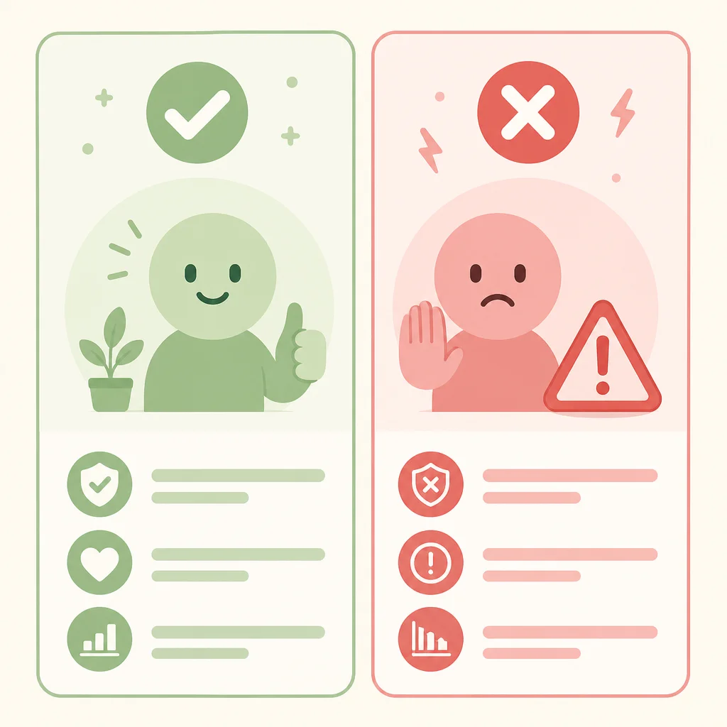 A do and don't comparison chart for RADAR check-ins