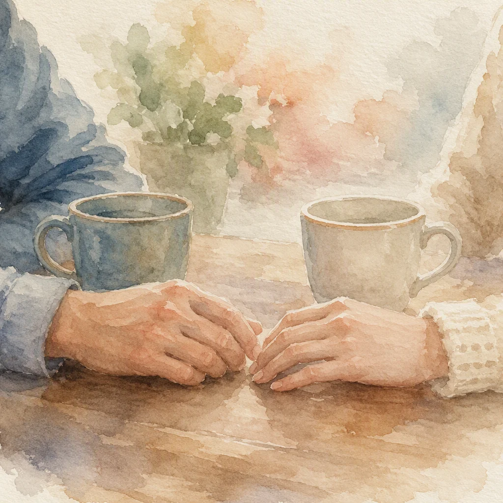 Watercolour of two mugs on a table with one hand resting near the other to support a grieving partner