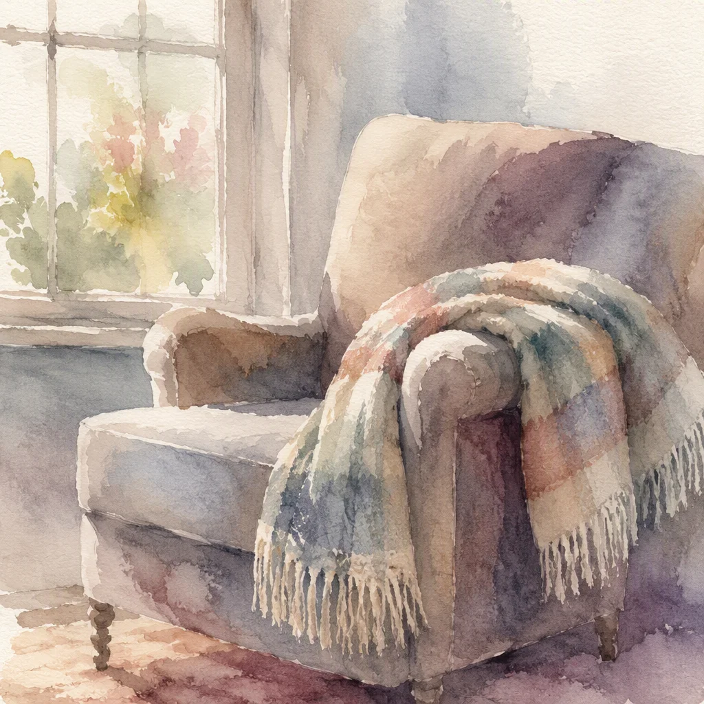 Watercolour of a folded blanket draped over the arm of an empty armchair