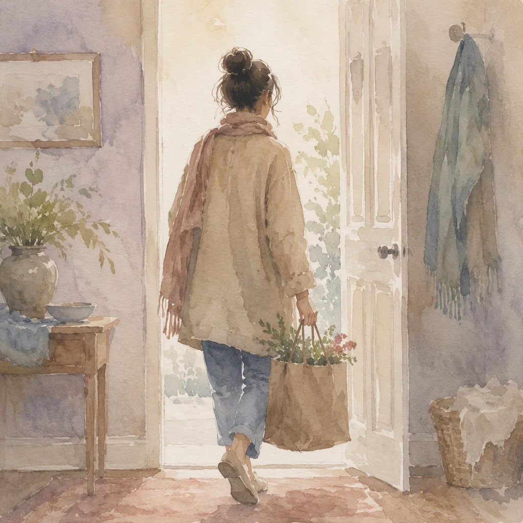 Watercolour of a person carrying a shopping bag through a doorway in soft light