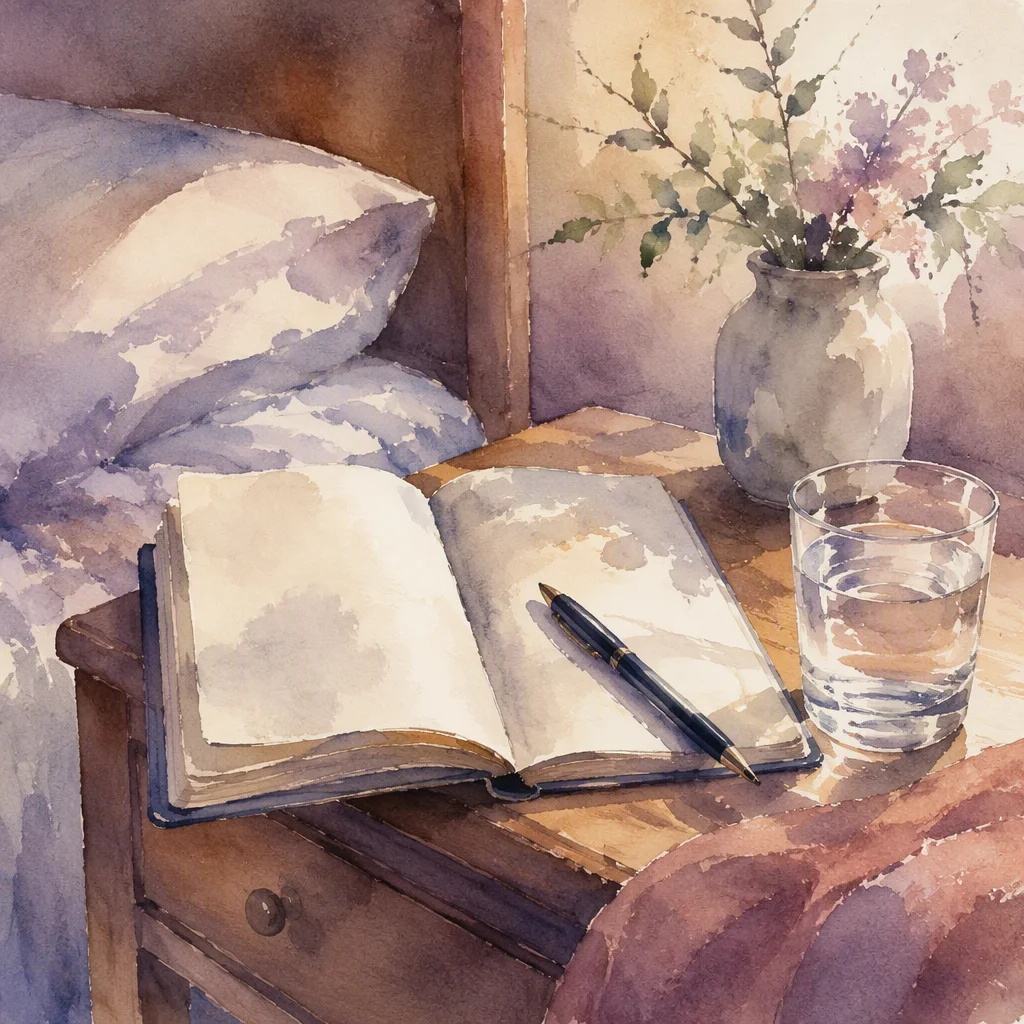 Watercolour of a small notebook and pen left open on a bedside table