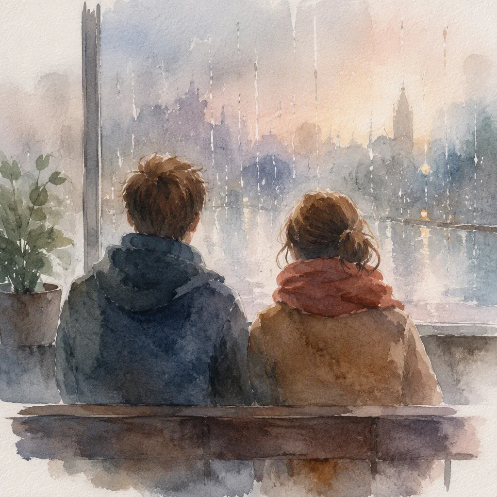 Watercolour of two figures sitting side by side looking out of a rain-streaked window