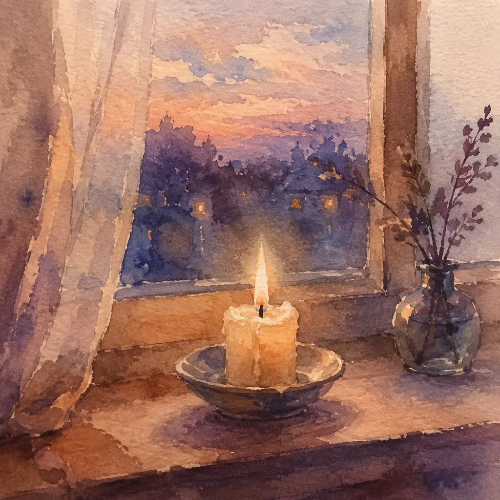 Watercolour of a lit candle in a saucer on a windowsill at dusk