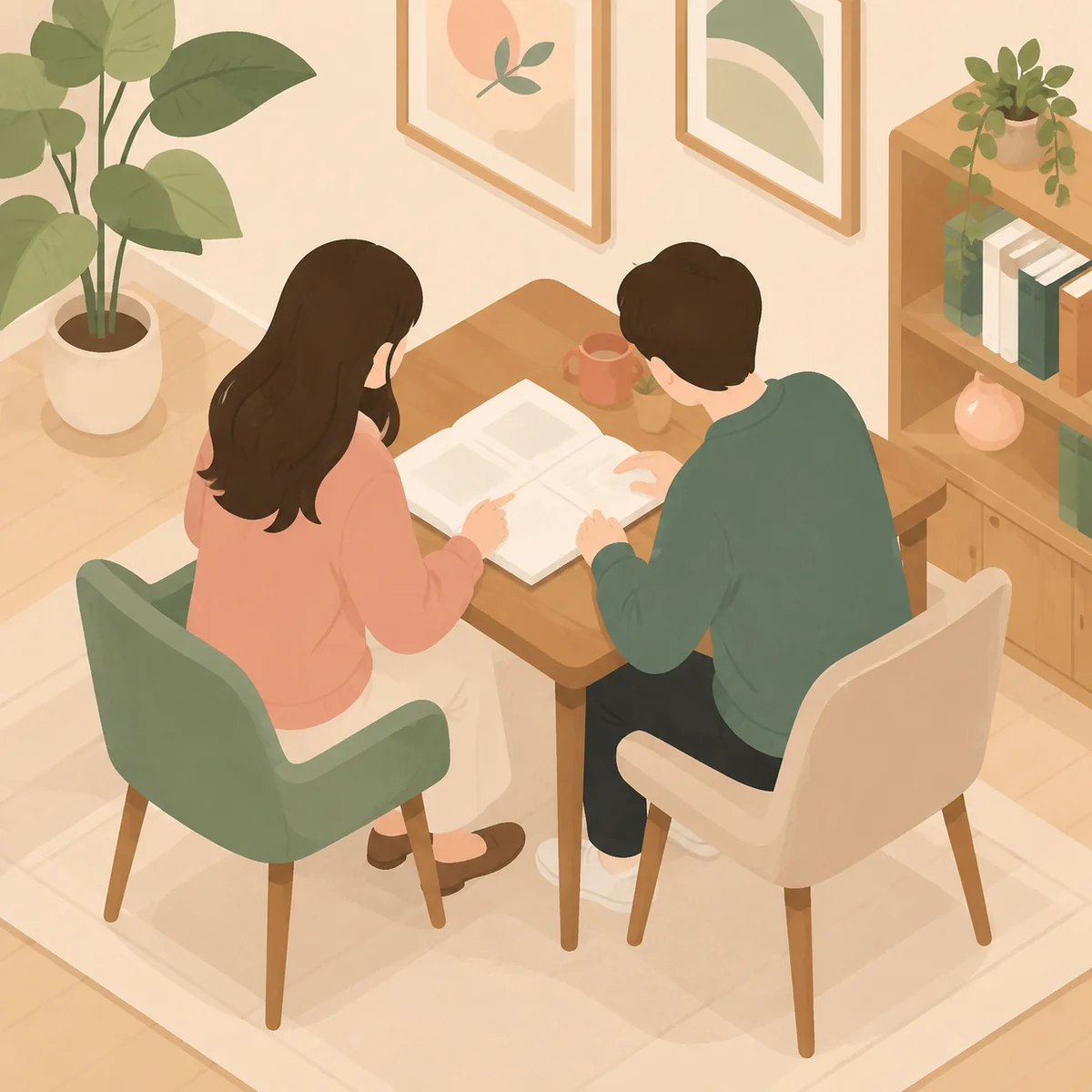 Two people reviewing a shared document at a table