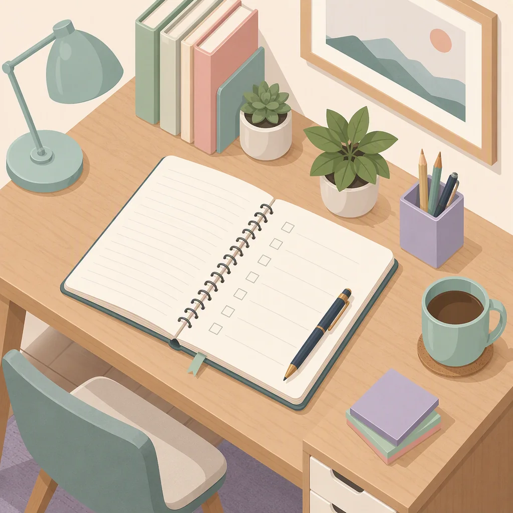 Desk with a notebook and checklist for auditing rules