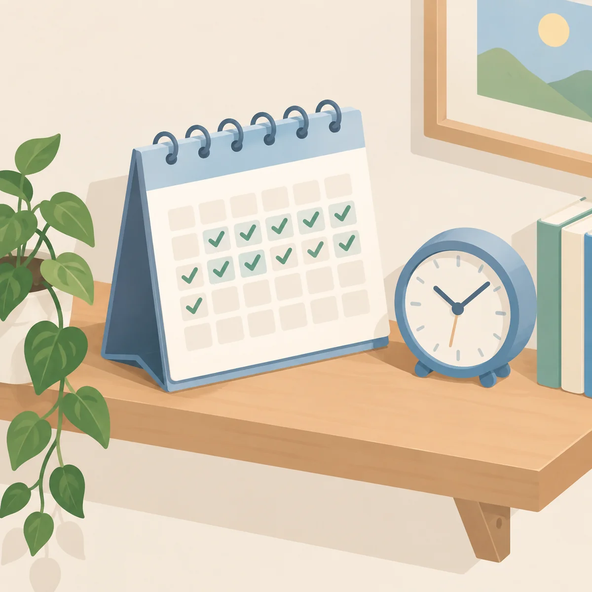 Calendar and clock symbolizing a check-in rhythm