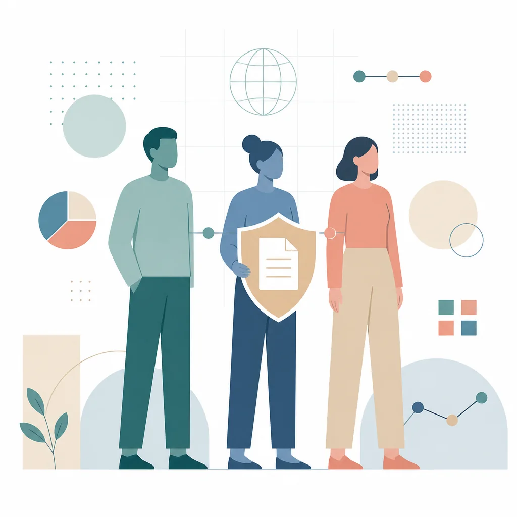Infographic-style illustration answering the question is polyamory legal, showing three linked adult figures and a document shield