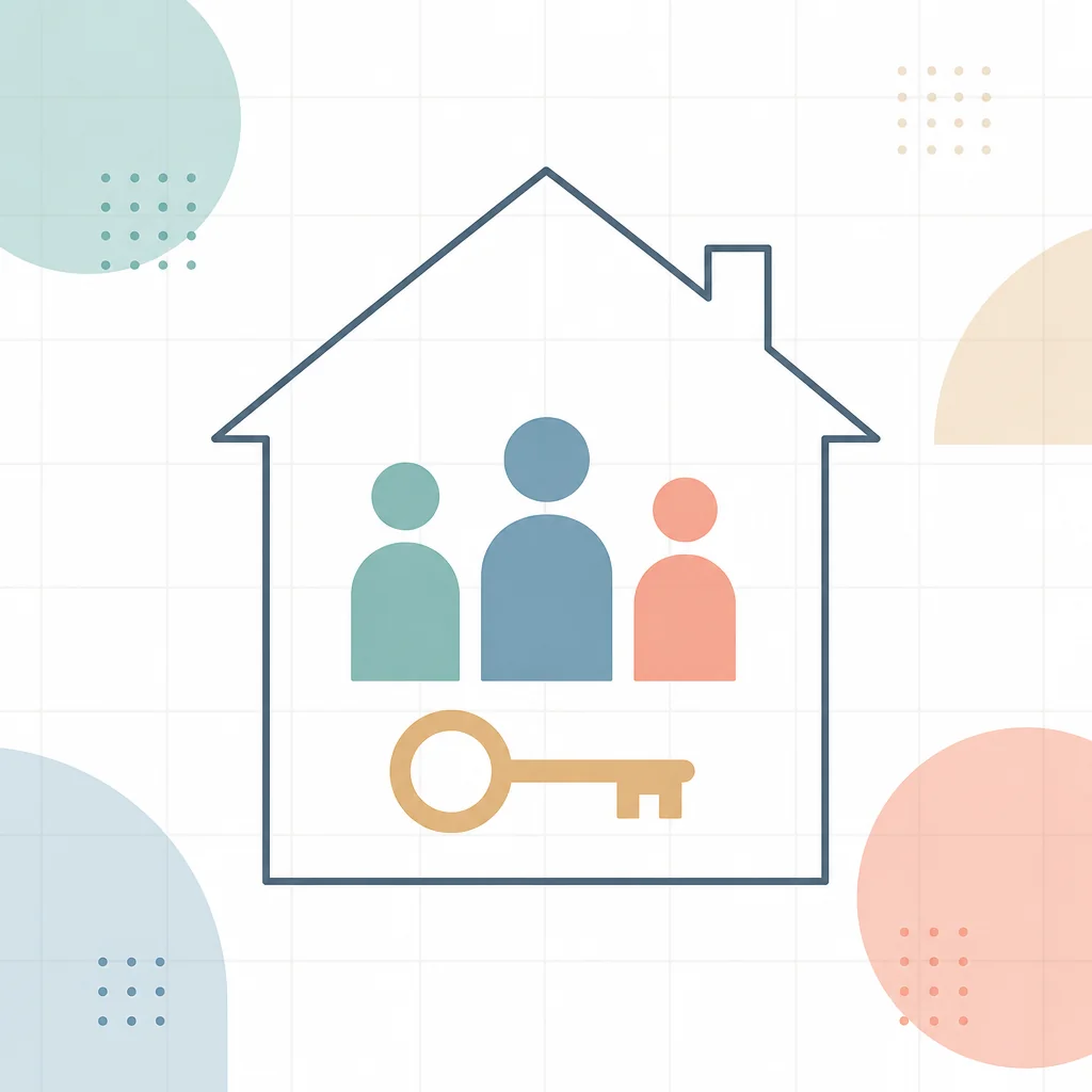Infographic illustration of a house containing three adult figures and a key representing housing and tenancy rules