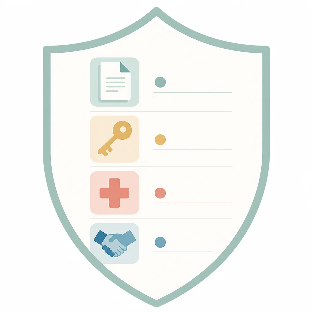 Infographic checklist shield with icons for a will, a key, a medical directive and a handshake